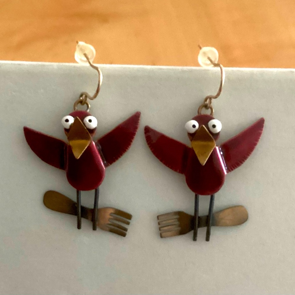 Chickenscratch Whimsical “fast food” Red Bird Dangle Earrings